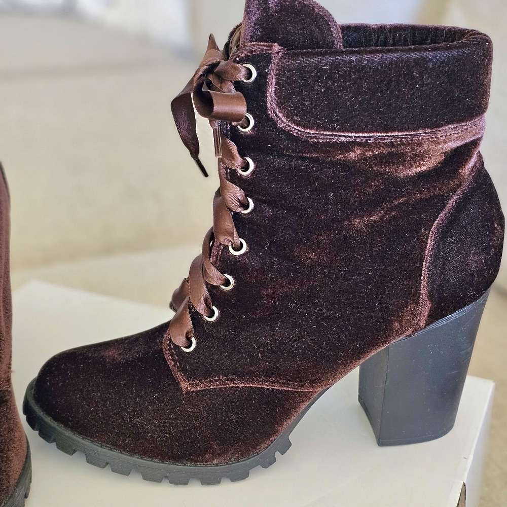 Brown Velvet Bunny Booties with satin shoe laces
